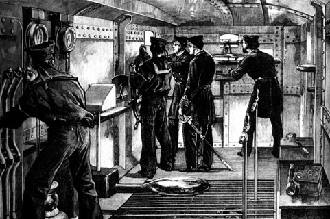 The use of speaking tubes on the bridge of a naval vessel for communicating with other decks