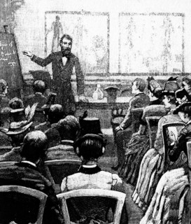 An evening lecture on physiology and hygiene being given to members of the young men's Christian Association