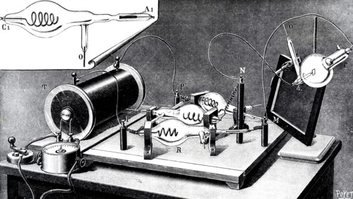 High voltage x-ray equipment, x-ray tube on right, Ruhmkorff high voltage coil on left