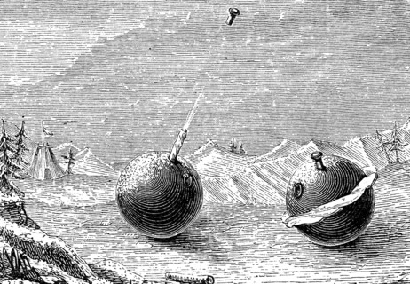 The two different effects of freezing water in an iron sphere - left, ejection of stopper by column of ice; right, splitting of the sphere