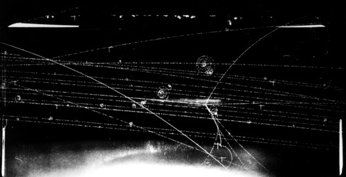 Photograph of a Bev Proton from the Cosmotron colliding with a proton in the liquid hydrogen bubble chamber