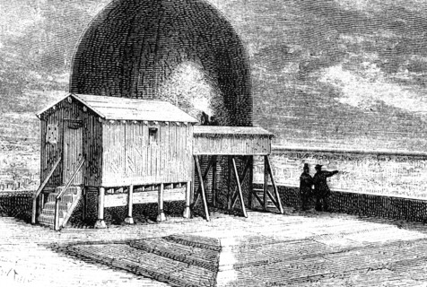 An astronomer and his assistant observing Mercury, Venus and Jupiter from a roof top observatory in Paris