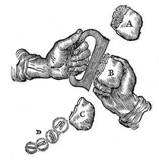 Engraving depicting the generation of a spark by hitting flint against iron