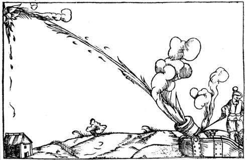 The trajectory of a cannon ball shown as a parabolic path rather than a circular arc