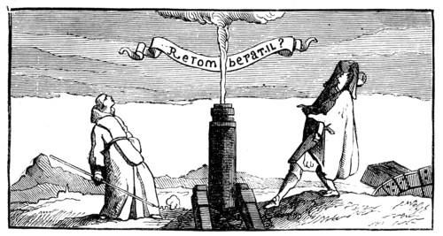 Marin Mersenne performing an experiment to prove the rotation of the earth: ball fired from vertical cannon did not fall back down the barrel