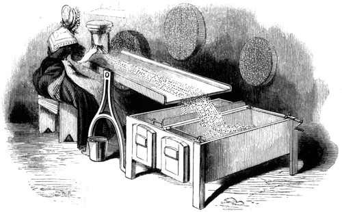 The sorting of lead shots being sifted shot is allowed to roll down an inclined plane
