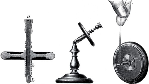 A gyroscope, a device consisting of a wheel or disc mounted so that it can spin rapidly about an axis which is itself free to alter in direction