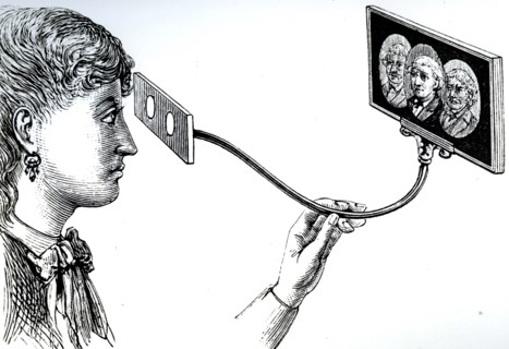 A woman viewing a picture through a Brewster Stereoscope