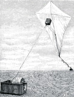 A kite with a camera attached being used for aerial photographs