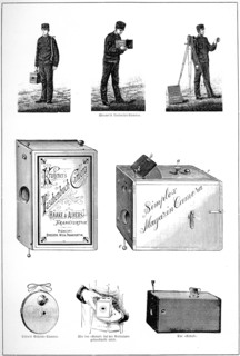 Various types of early cameras for the amateur photographer including, bottom centre and right, the Kodak Box Camera