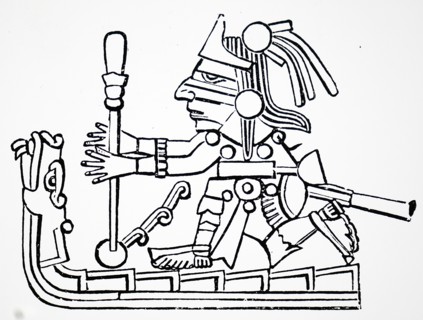 Xiuhtecuhtli using a bow drill, a prehistoric form of drilling tool, which was used to produce fire