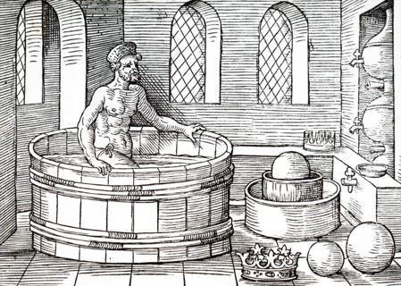 Archimedes, an Ancient Greek mathematician, physicist, engineer, inventor, and astronomer, sitting in his bath