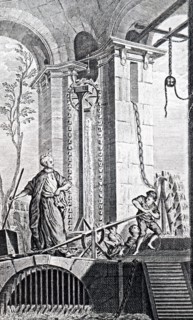 Engraving depicting a pulley-system with chains and levers