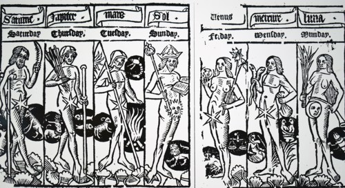 The days of the week in the supposed Aristotelian order - Saturn furthest, Lunar neareSt Dated 16th Century