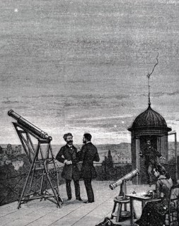 An astronomer and his female assistant observing Mercury, Venus and Jupiter from a roof top observatory in Paris
