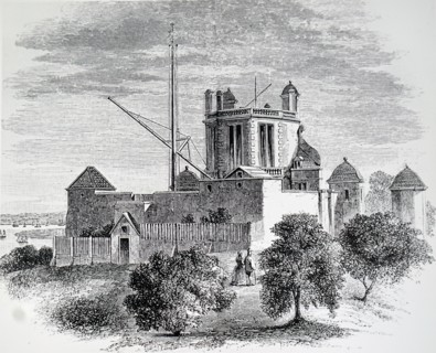 The exterior of the Royal Observatory, Greenwich, an observatory situated on a hill in Greenwich Park, overlooking the River Thames