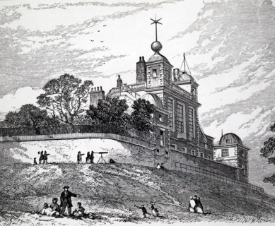 The exterior of the Royal Observatory, Greenwich, an observatory situated on a hill in Greenwich Park, overlooking the River Thames
