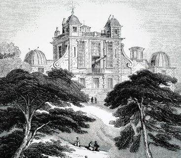 The exterior of the Royal Observatory, Greenwich, an observatory situated on a hill in Greenwich Park, overlooking the River Thames