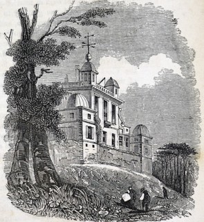 The exterior of the Royal Observatory, Greenwich, an observatory situated on a hill in Greenwich Park, overlooking the River Thames