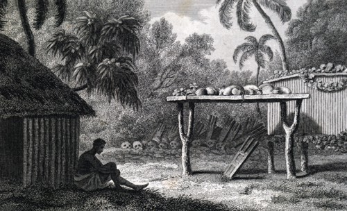 Illustration of a native from Oceania with sacrificial altar and skulls