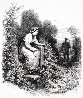 A girl sitting a stile waiting for her lover who is walking towards her down the lane with hedgerows either side