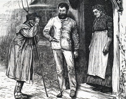A farm labourer carrying a pitchfork whilst speaking to some of the townsfolk