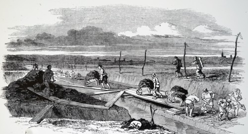 The cutting a dyke, a an artificial slope or wall to regulate water levels