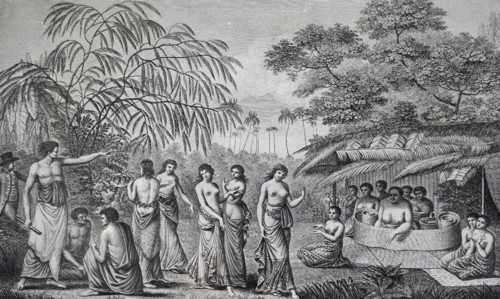 Native Tongan women dancing before Queen Tine