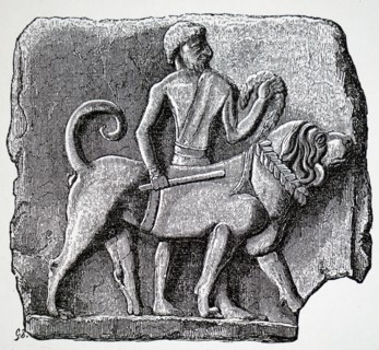 Engraving of a terracotta tablet excavated at Babylon, showing a large dog and its attendant