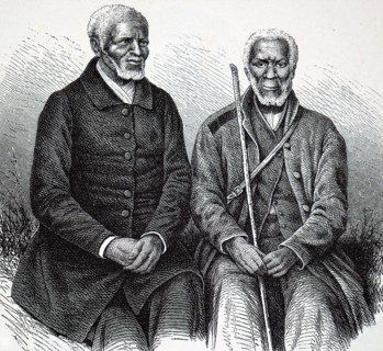 Two elderly Khoikhoi men in European dress