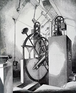 A transit instrument, used for finding celestial bodies crossing the meridian, within an observatory