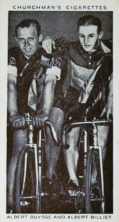 Churchman Kings of Speed Series cigarette card depicting Albert Buysse and Albert Billiet, Belgian cyclists who won the 1938 cycle race at Wembley, London