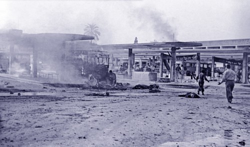 Photograph of a central bus station in Tel Aviv after a bombing by Egyptian forces during the War of Independence 1948