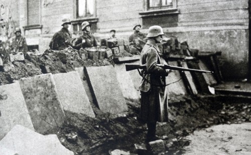 Photograph of the barricades on the streets of Berlin during the riots that ended the period of inflation