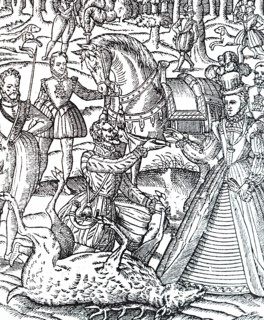 Queen Elizabeth I on the hunting field to perform the ceremony of assaying the stag and is handed the knife by the huntsman