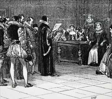 Engraving depicting Mary, Queen of Scots receiving her sentence