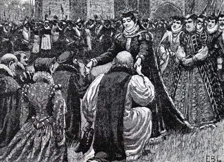 Engraving depicting Mary, Queen of Scots being greeted by state prisoners in the Tower of London