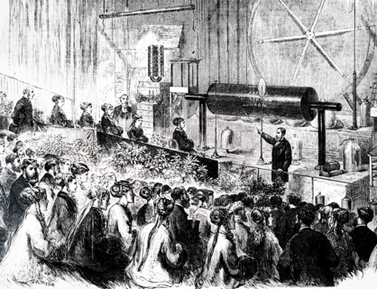 John Henry Pepper demonstrating the giant induction coil at the Polytechnic Institute, London, before Princesses Louise and Beatrice