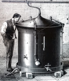 Engraving depicting Louis Pasteur's first apparatus for cooling and fermenting wort during his work on beer