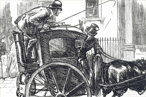 An early Hackney Carriage, showing the driver's position behind and overlooking the passenger seat