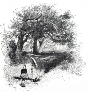 An artists easel and chair in the middle of a wooded area