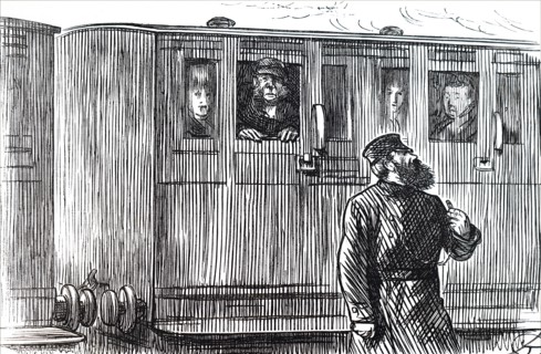 A train guard blowing a whistle to indicate that the train is about to leave