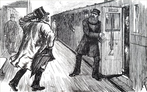 A train guard about to close the carriage door as a flustered man rushes to reach the train before it leaves