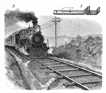 A fastening for rail tracks with a train driving along the track