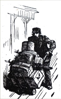 A station porter transporting heavy luggage to the train