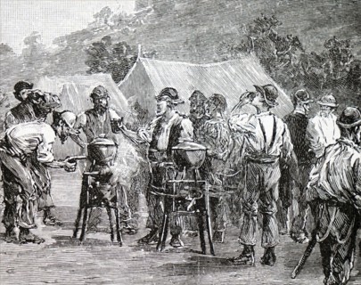 A camp for 'navvies' - the workmen being served oatmeal and water