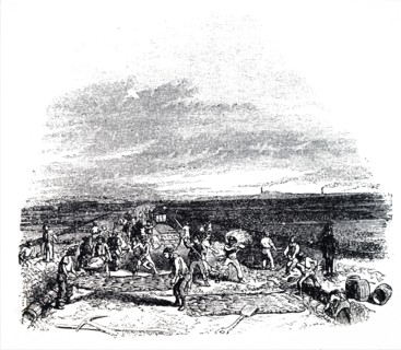 Navvies working on the Liverpool-Manchester Railway across Chat Moss Bog