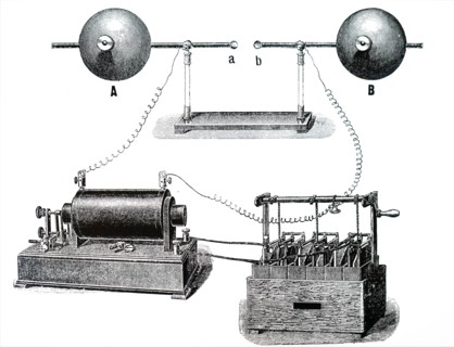 Heinrich Hertz's oscillator and reflecting metal sheets to show outward and return paths of electromagnetic