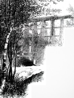 A train crossing a wooden trestle viaduct on the Erie Railroad