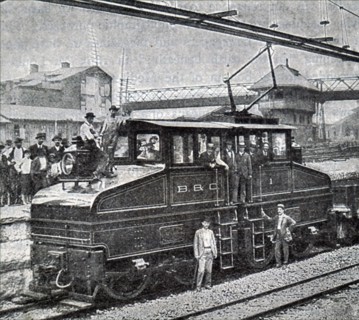 Photograph taken of an early electric locomotive on the Baltimore and Ohio Railroad